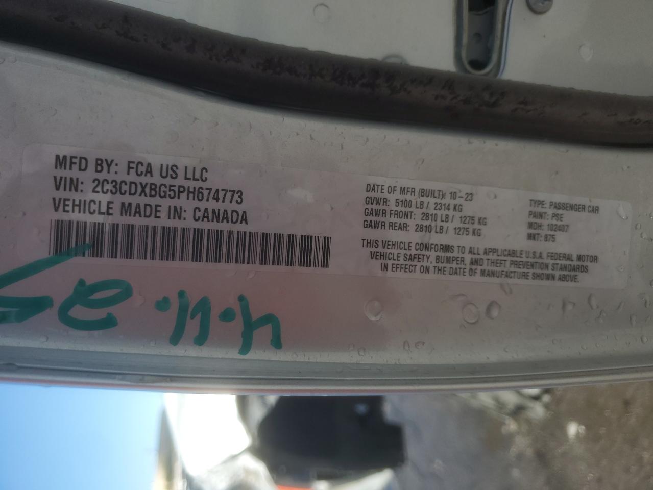 2023 Dodge Charger Sxt VIN: 2C3CDXBG5PH674773 Lot: 71560185
