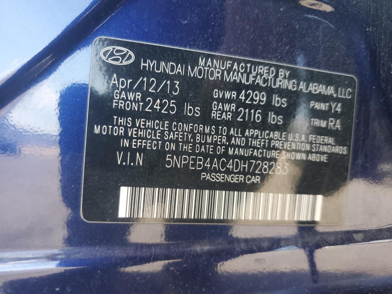 2013 Hyundai Sonata Gls VIN: 5NPEB4AC4DH728283 Lot: 84559305