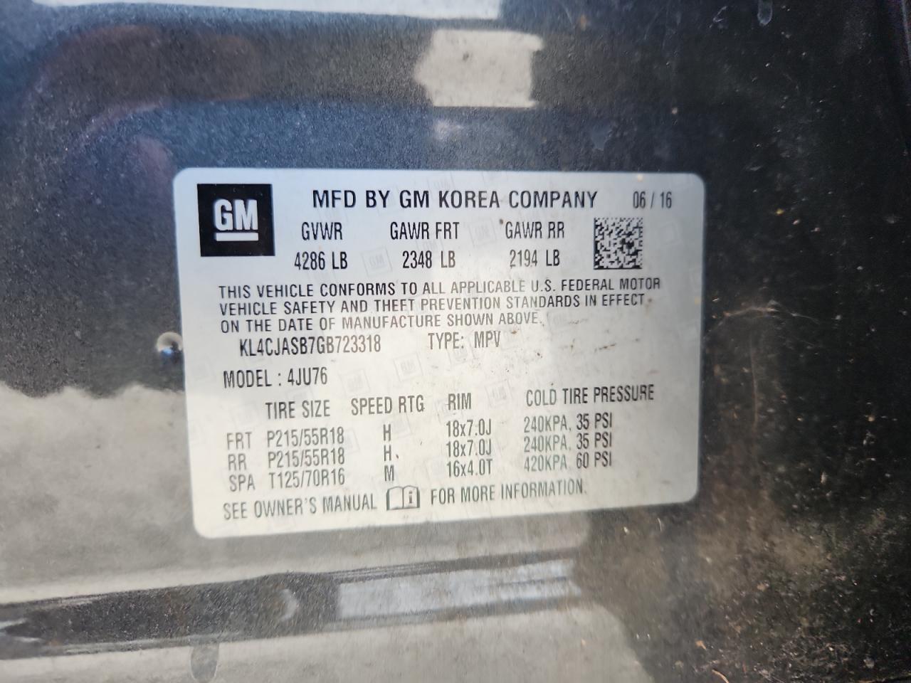 2016 Buick Encore VIN: KL4CJASB7GB723318 Lot: 71216685