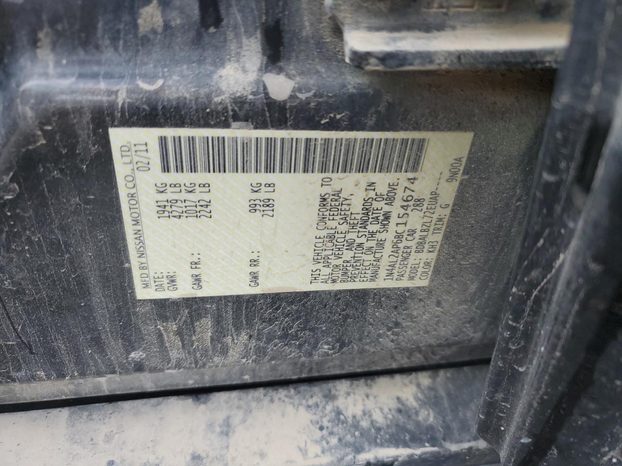 2011 Nissan Altima Base VIN: 1N4AL2AP6BC154674 Lot: 80813455