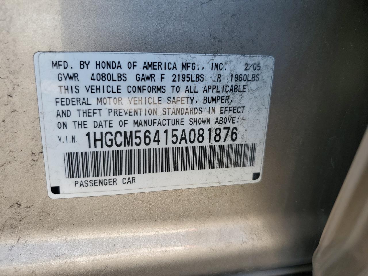 2005 Honda Accord Lx VIN: 1HGCM56415A081876 Lot: 71935735