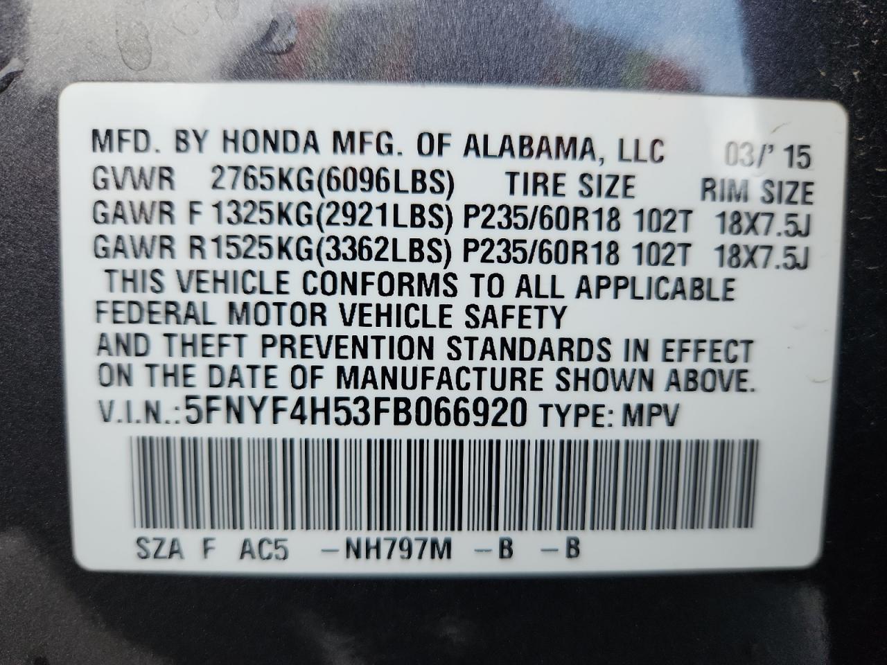 2015 Honda Pilot Exl VIN: 5FNYF4H53FB066920 Lot: 71644305