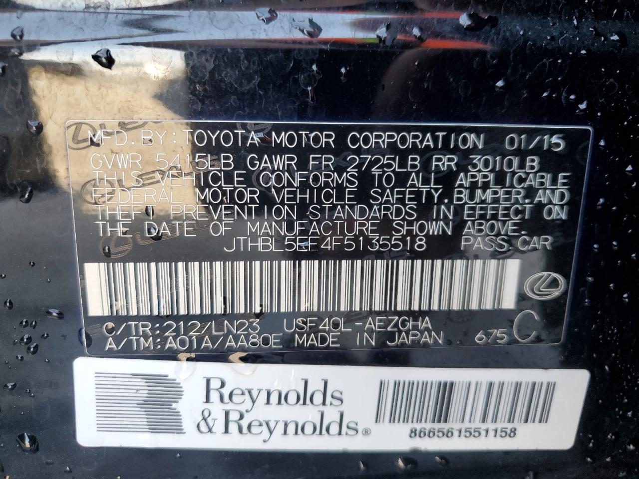 2015 Lexus Ls 460 VIN: JTHBL5EF4F5135518 Lot: 71992945