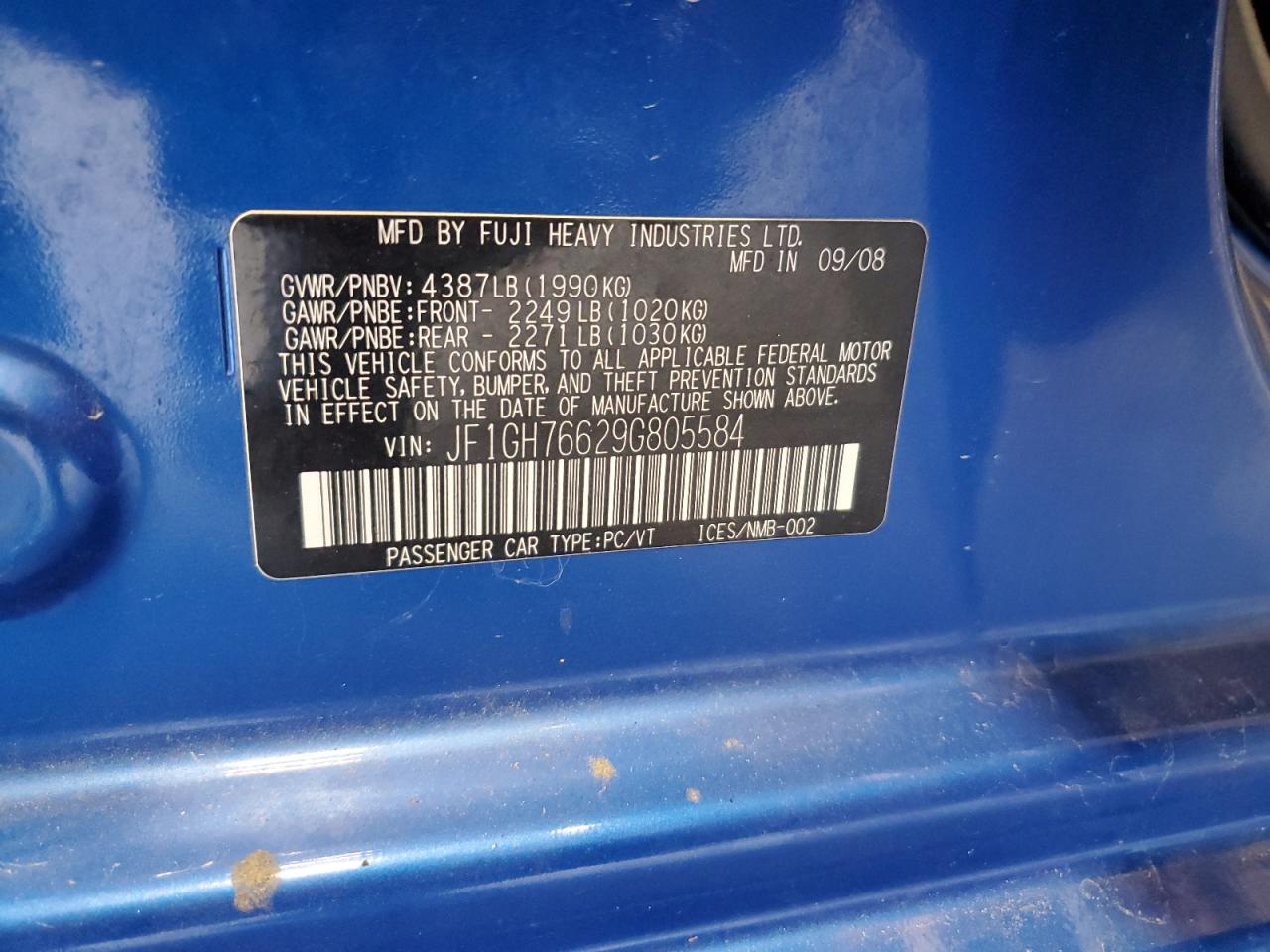 2009 Subaru Impreza Wrx VIN: JF1GH76629G805584 Lot: 94138095