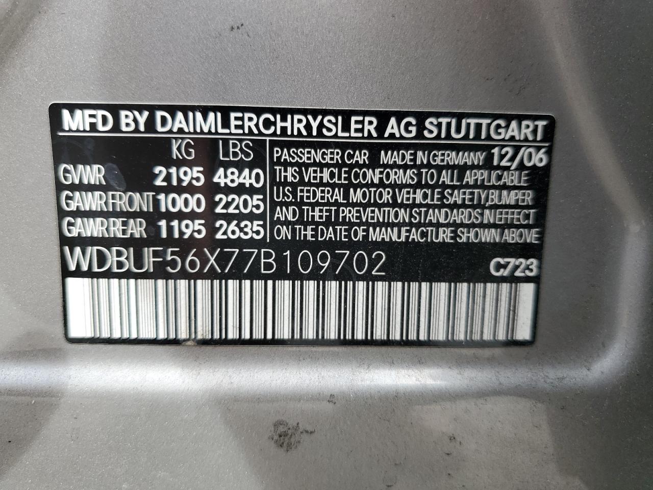 2007 Mercedes-Benz E 350 VIN: WDBUF56X77B109702 Lot: 80906305