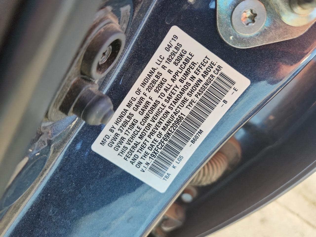 2019 Honda Civic Lx VIN: 19XFC2F69KE209661 Lot: 71458385