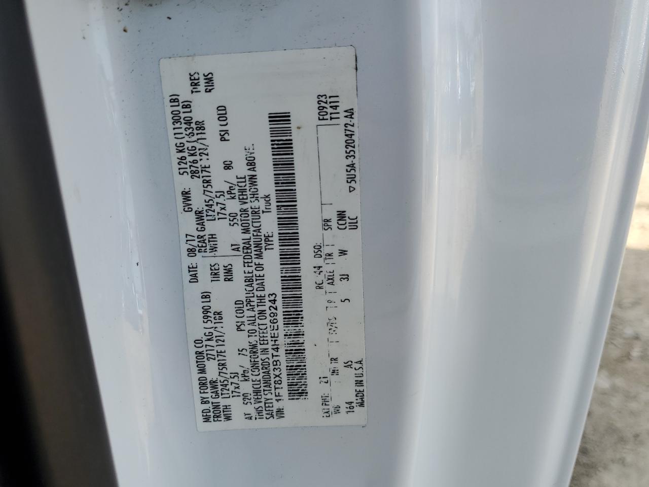 2017 Ford F350 Super Duty VIN: 1FT8X3BT4HEE69243 Lot: 82053355