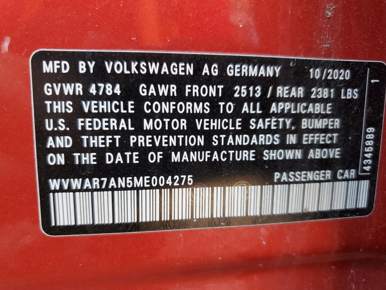 2021 Volkswagen Arteon Se VIN: WVWAR7AN5ME004275 Lot: 71812265