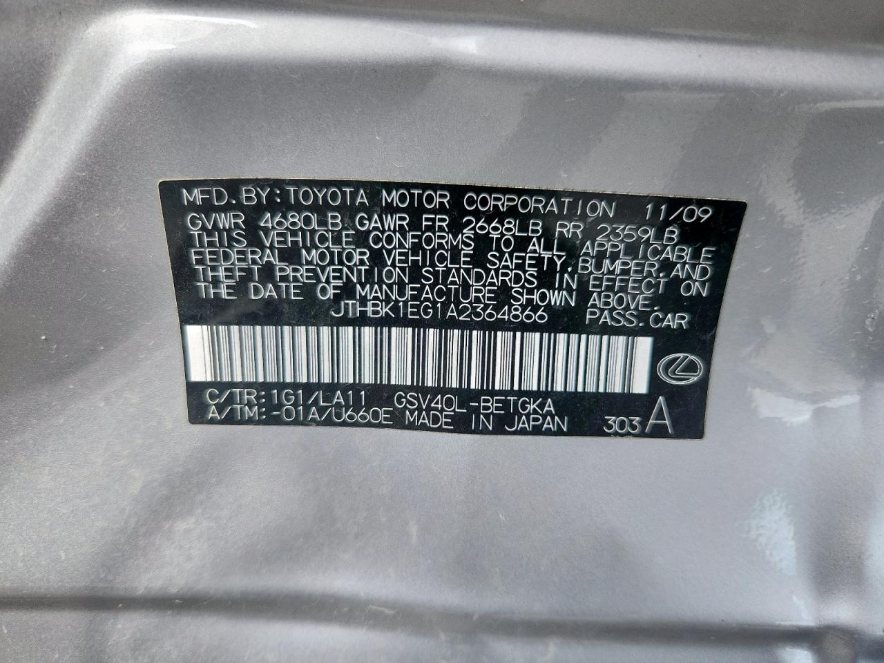 2010 Lexus Es 350 VIN: JTHBK1EG1A2364866 Lot: 80585735