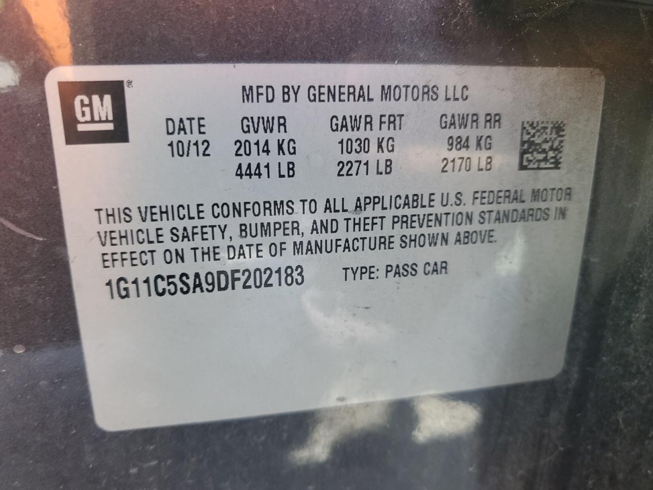 2013 Chevrolet Malibu 1Lt VIN: 1G11C5SA9DF202183 Lot: 71389275