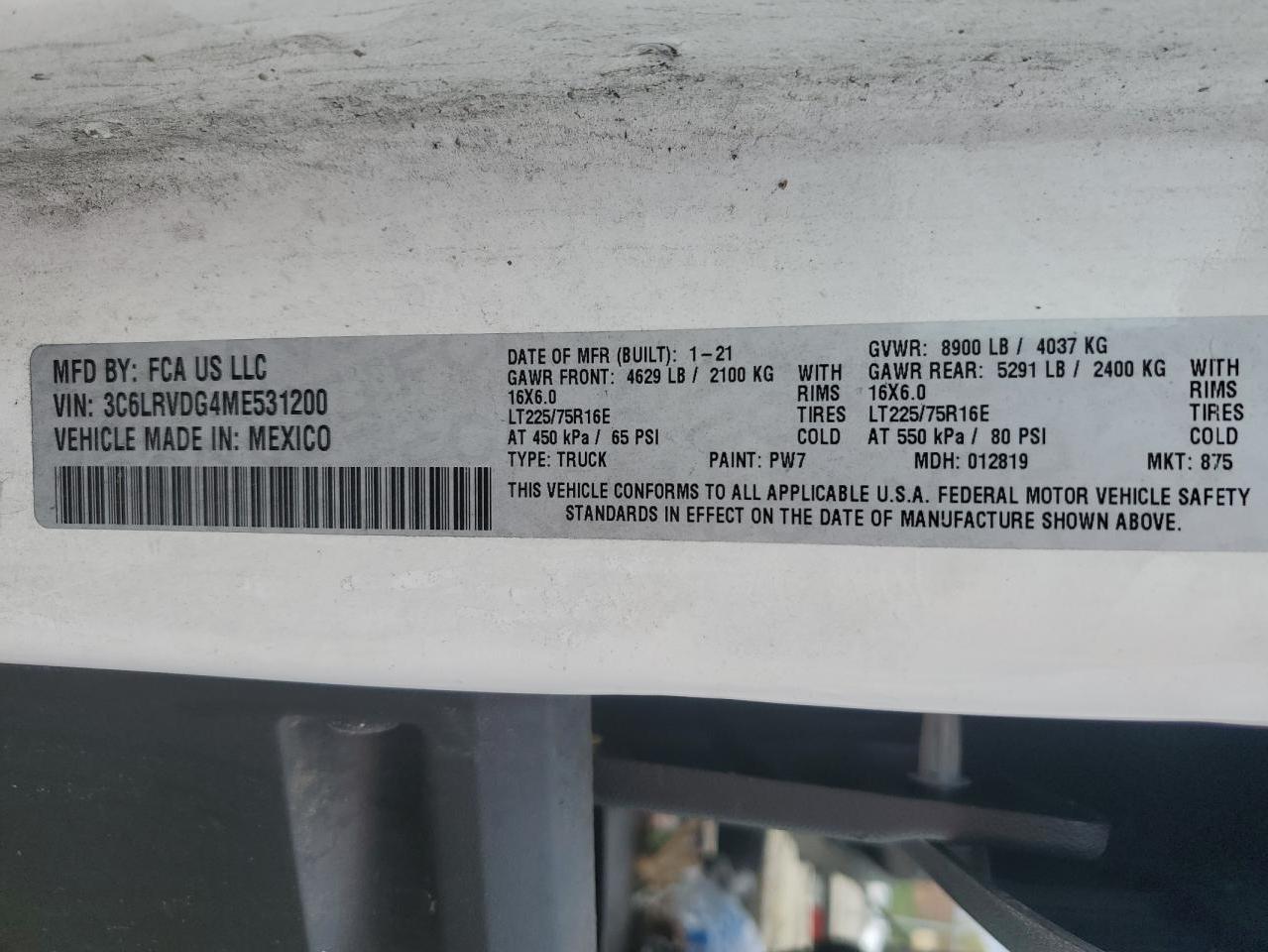 2021 Ram Promaster 2500 2500 High VIN: 3C6LRVDG4ME531200 Lot: 81284665