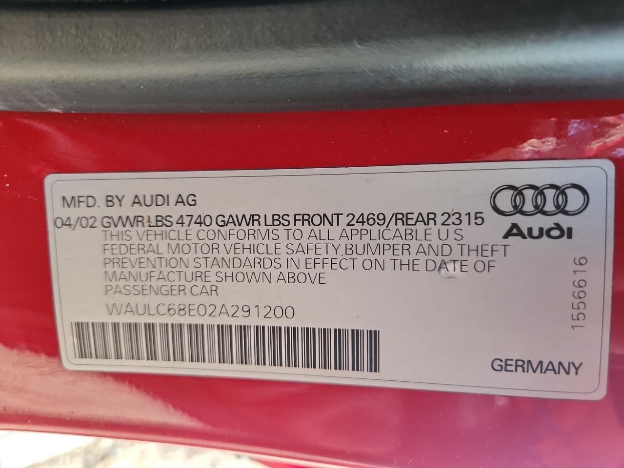 2002 Audi A4 1.8T Quattro VIN: WAULC68E02A291200 Lot: 71292045