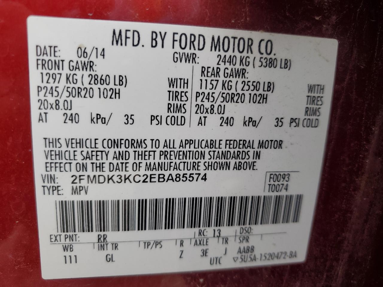 2014 Ford Edge Limited VIN: 2FMDK3KC2EBA85574 Lot: 81286245