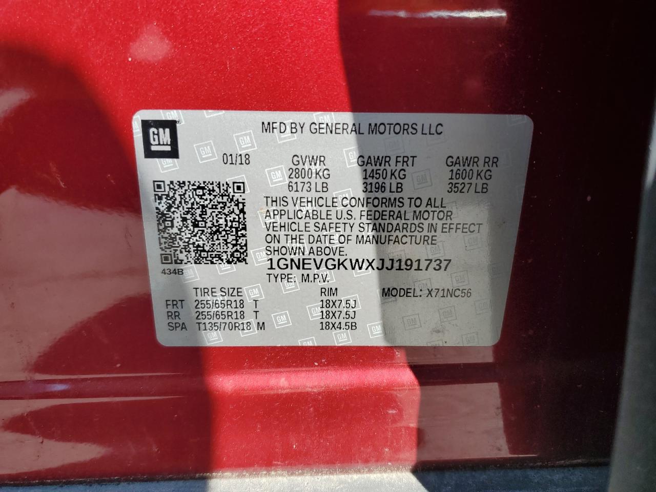 2018 Chevrolet Traverse Lt VIN: 1GNEVGKWXJJ191737 Lot: 80088455