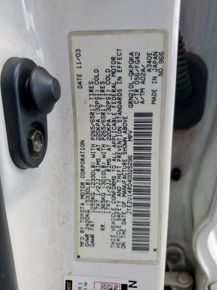 2004 Toyota 4Runner Sr5 VIN: JTEZU14R040025296 Lot: 83872185