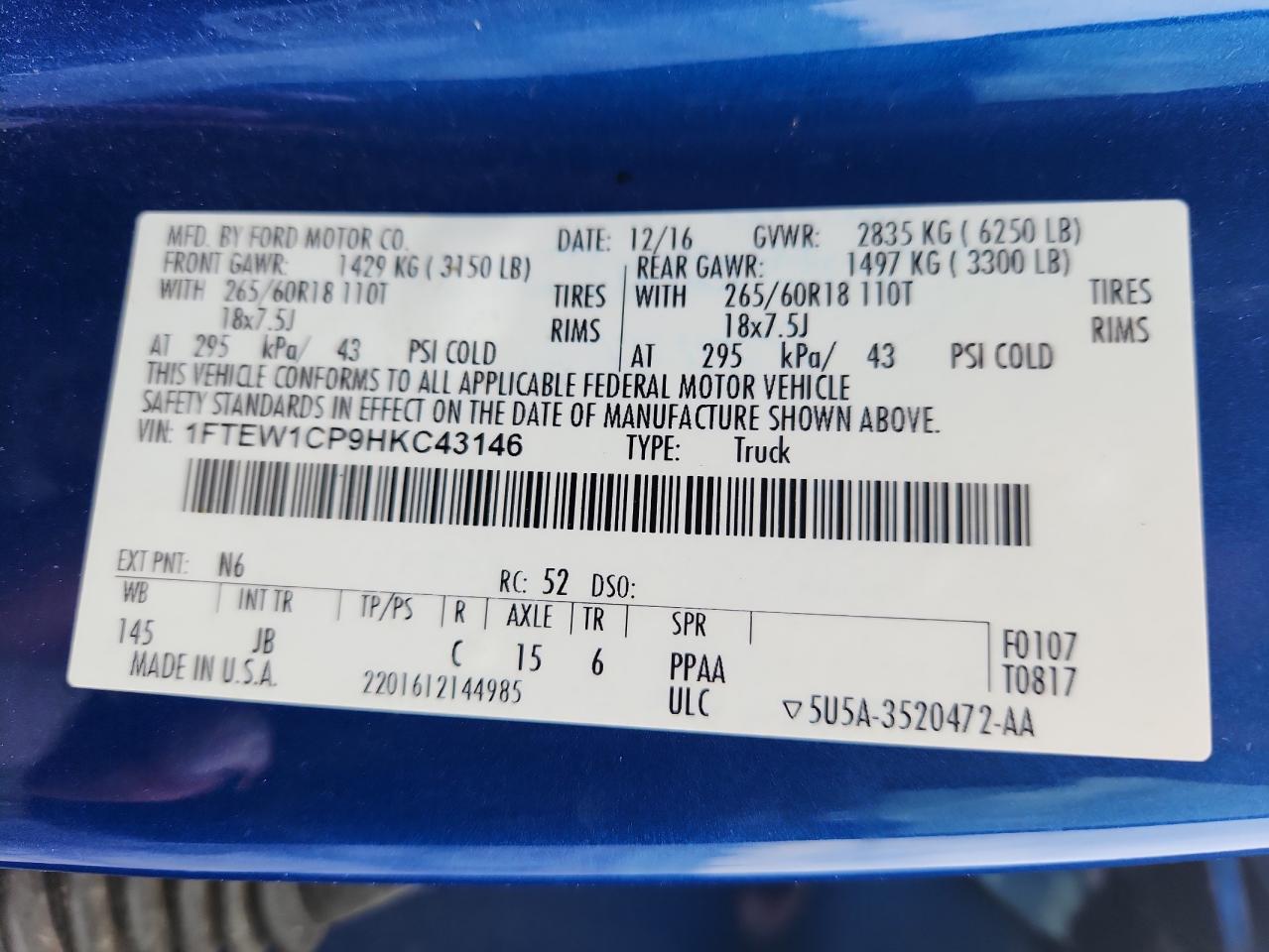 2017 Ford F150 Supercrew VIN: 1FTEW1CP9HKC43146 Lot: 84469375