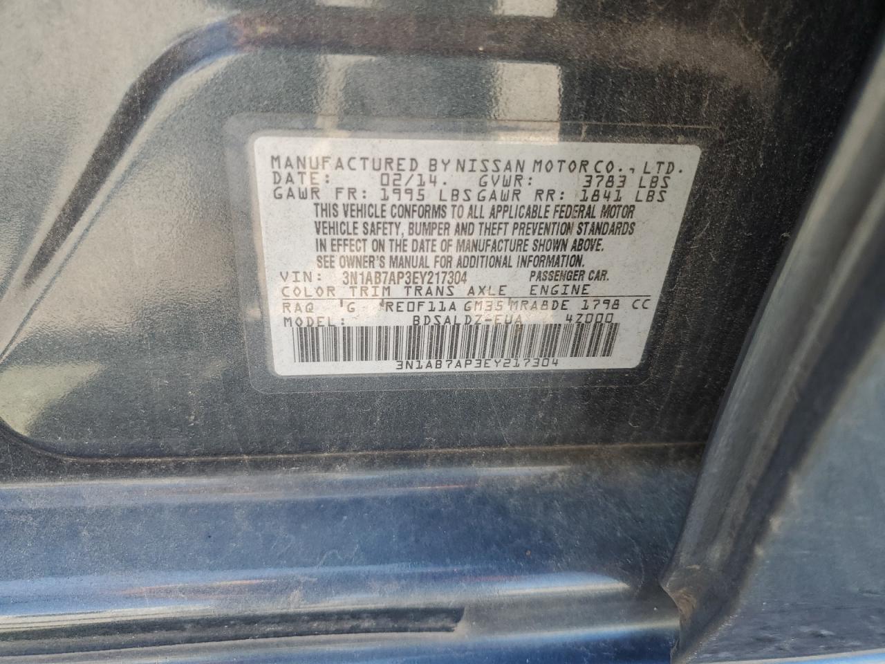 2014 Nissan Sentra S VIN: 3N1AB7AP3EY217304 Lot: 80788595