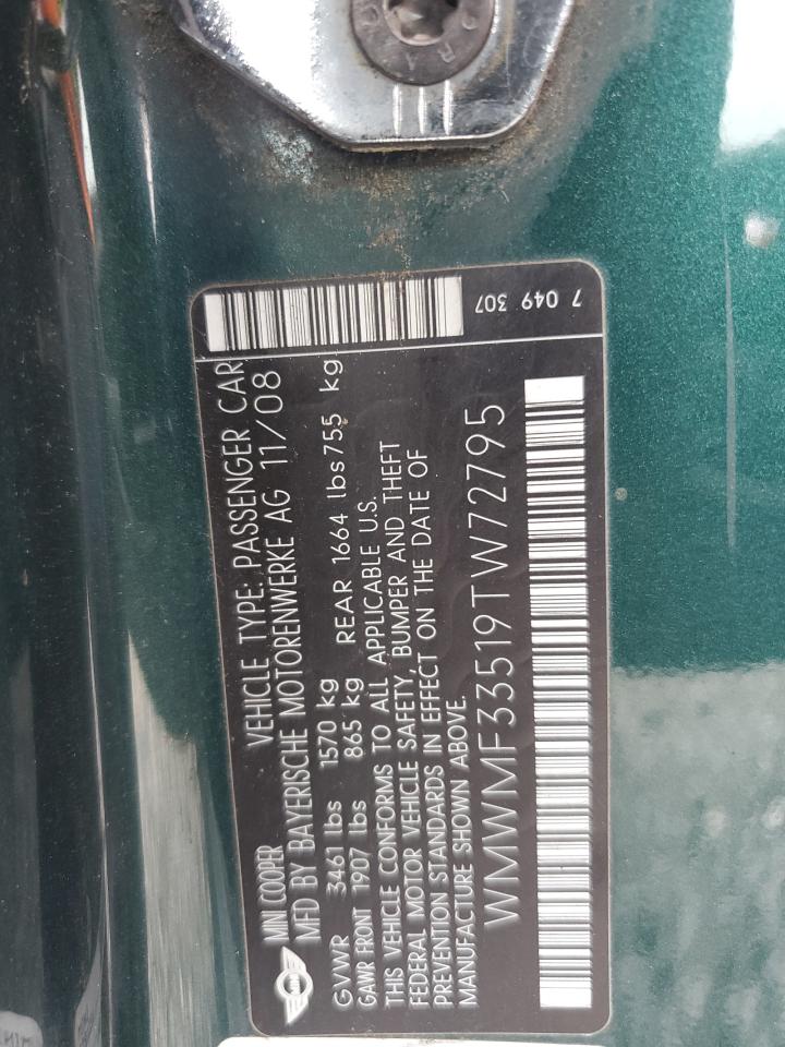 2009 Mini Cooper VIN: WMWMF33519TW72795 Lot: 81784885