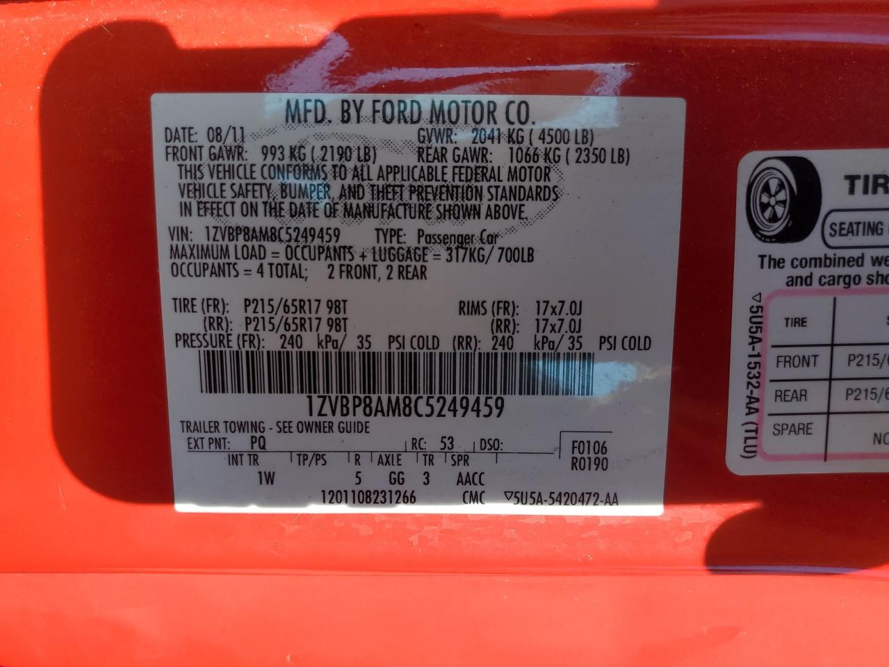 2012 Ford Mustang VIN: 1ZVBP8AM8C5249459 Lot: 81010995