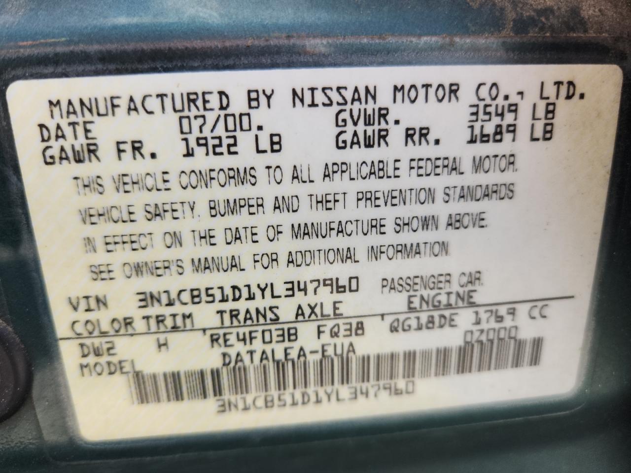 2000 Nissan Sentra Base VIN: 3N1CB51D1YL347960 Lot: 80563975