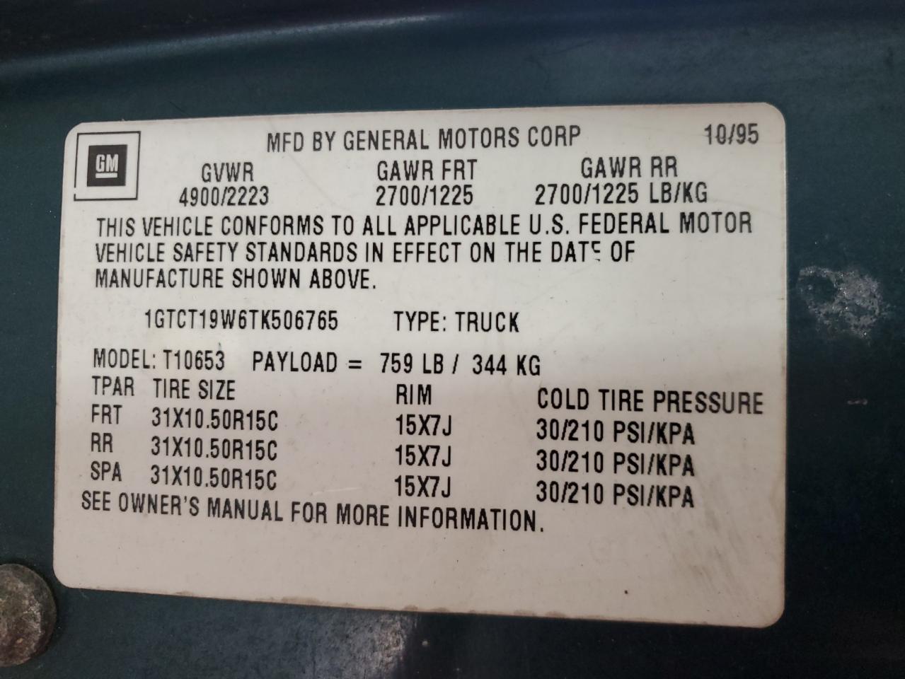 1996 GMC Sonoma VIN: 1GTCT19W6TK506765 Lot: 84404955