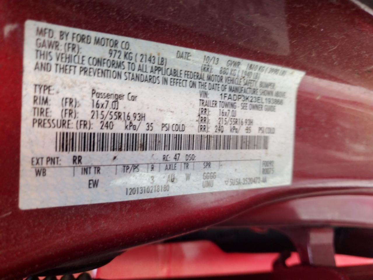 2014 Ford Focus Se VIN: 1FADP3K23EL193866 Lot: 71435235