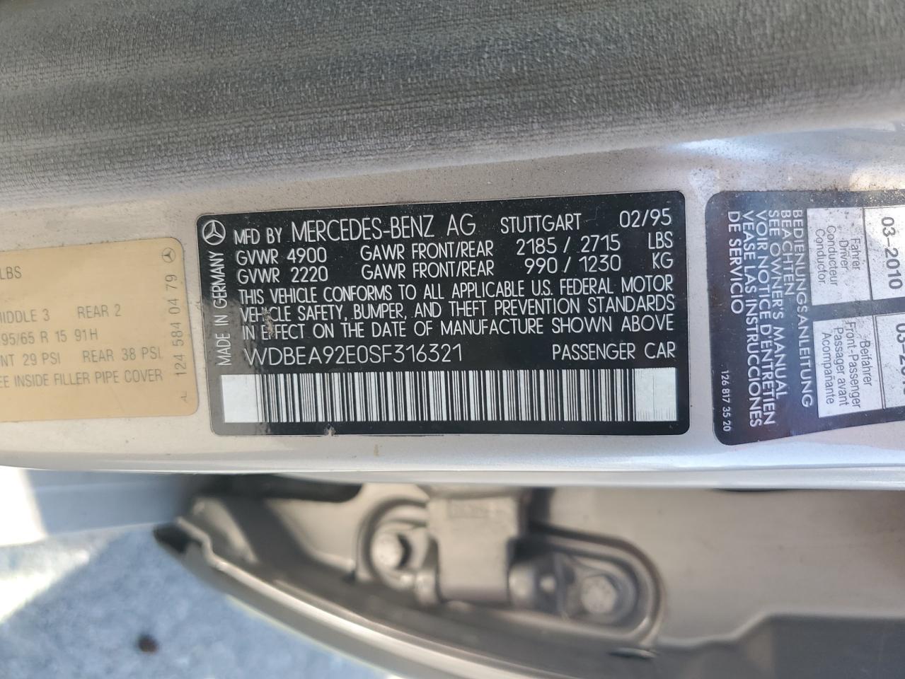 1995 Mercedes-Benz E 320 VIN: WDBEA92E0SF316321 Lot: 71488915