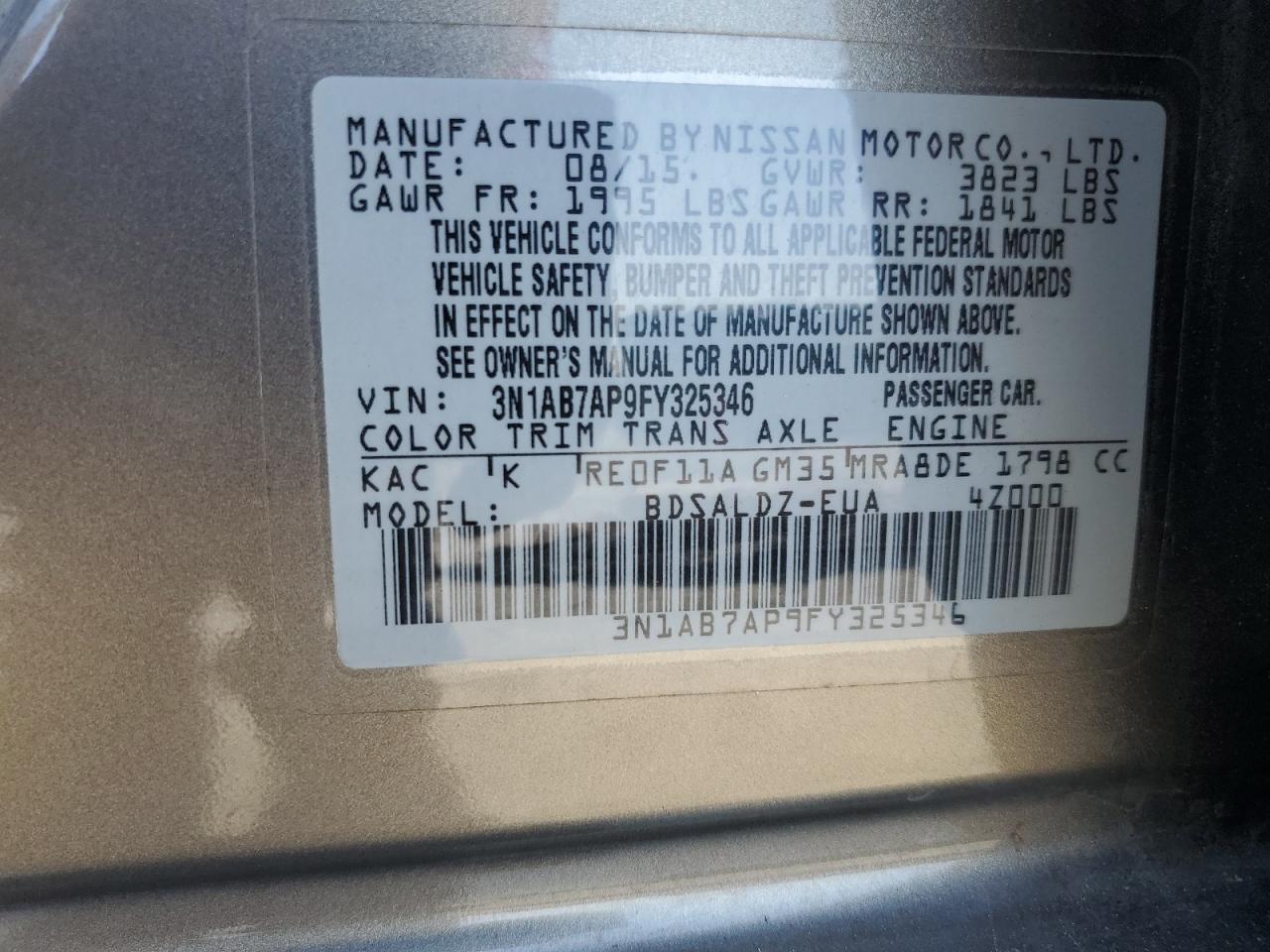 2015 Nissan Sentra S VIN: 3N1AB7AP9FY325346 Lot: 71630825