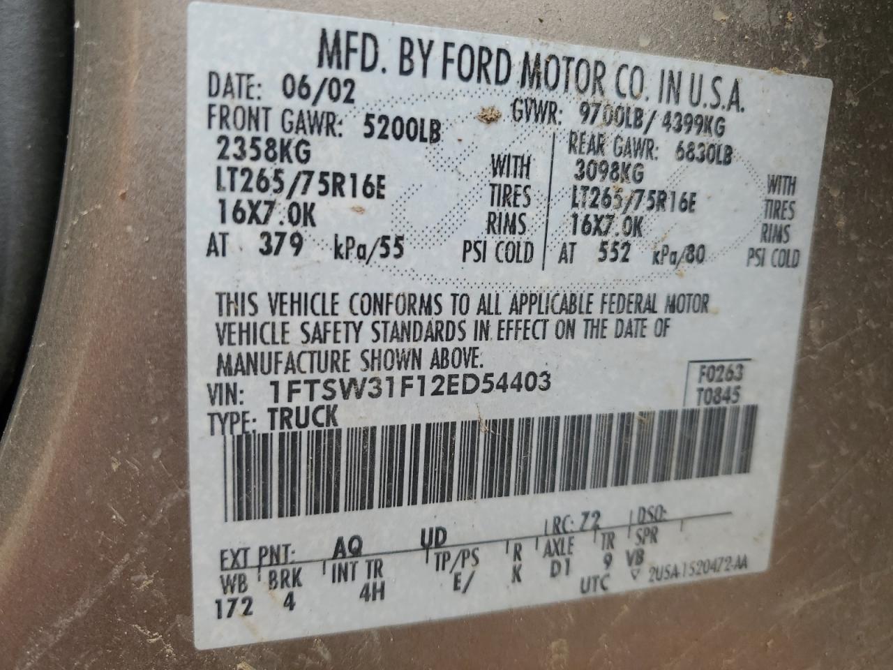 2002 Ford F 350 VIN: 1FTSW31F12ED54403 Lot: 80813335