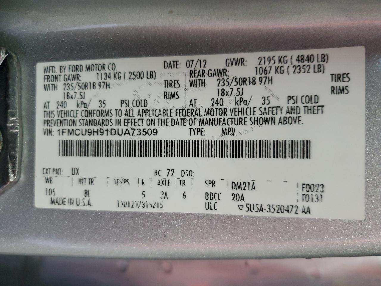 2013 Ford Escape Sel VIN: 1FMCU9H91DUA73509 Lot: 80539765