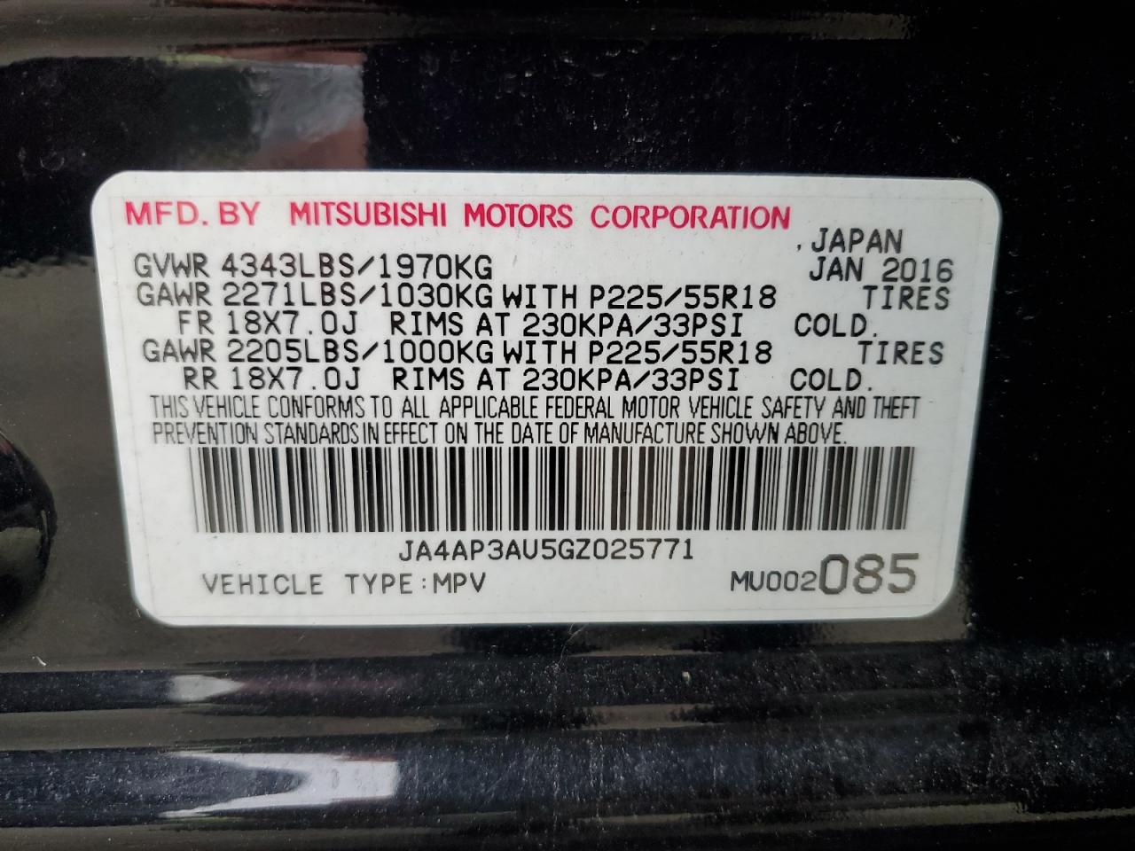 2016 Mitsubishi Outlander Sport Es VIN: JA4AP3AU5GZ025771 Lot: 84571995