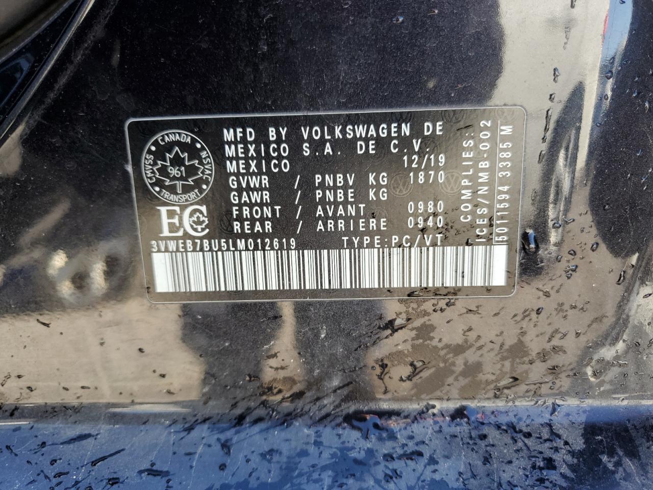 2020 Volkswagen Jetta Sel VIN: 3VWEB7BU5LM012619 Lot: 84046905