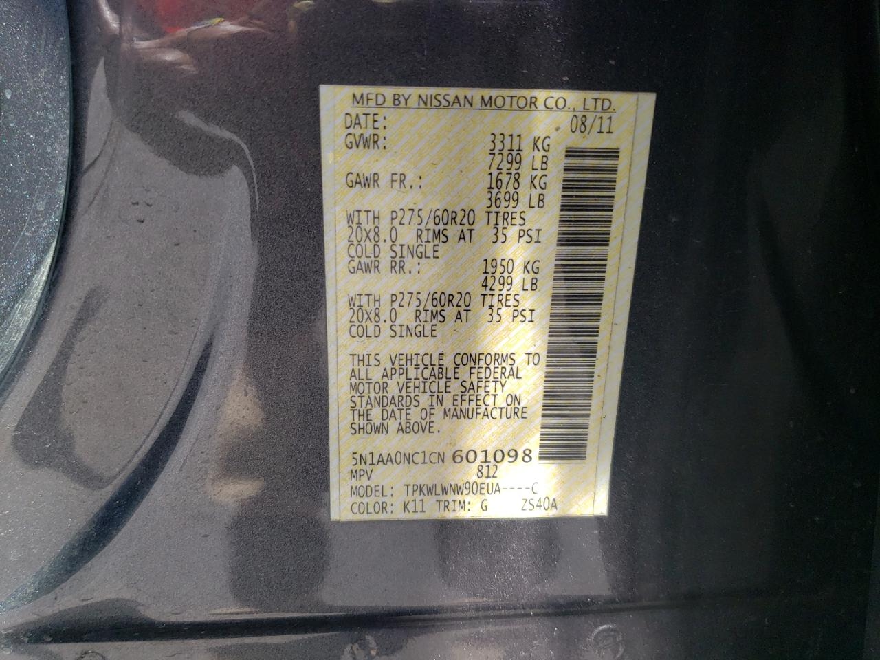 2012 Nissan Armada Sv VIN: 5N1AA0NC1CN601098 Lot: 80645945