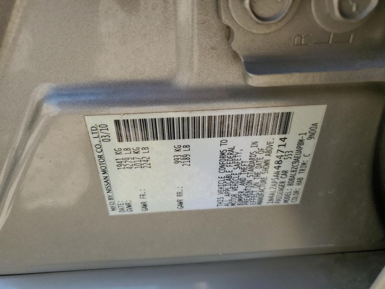 2010 Nissan Altima Base VIN: 1N4AL2AP5AN484714 Lot: 81648775