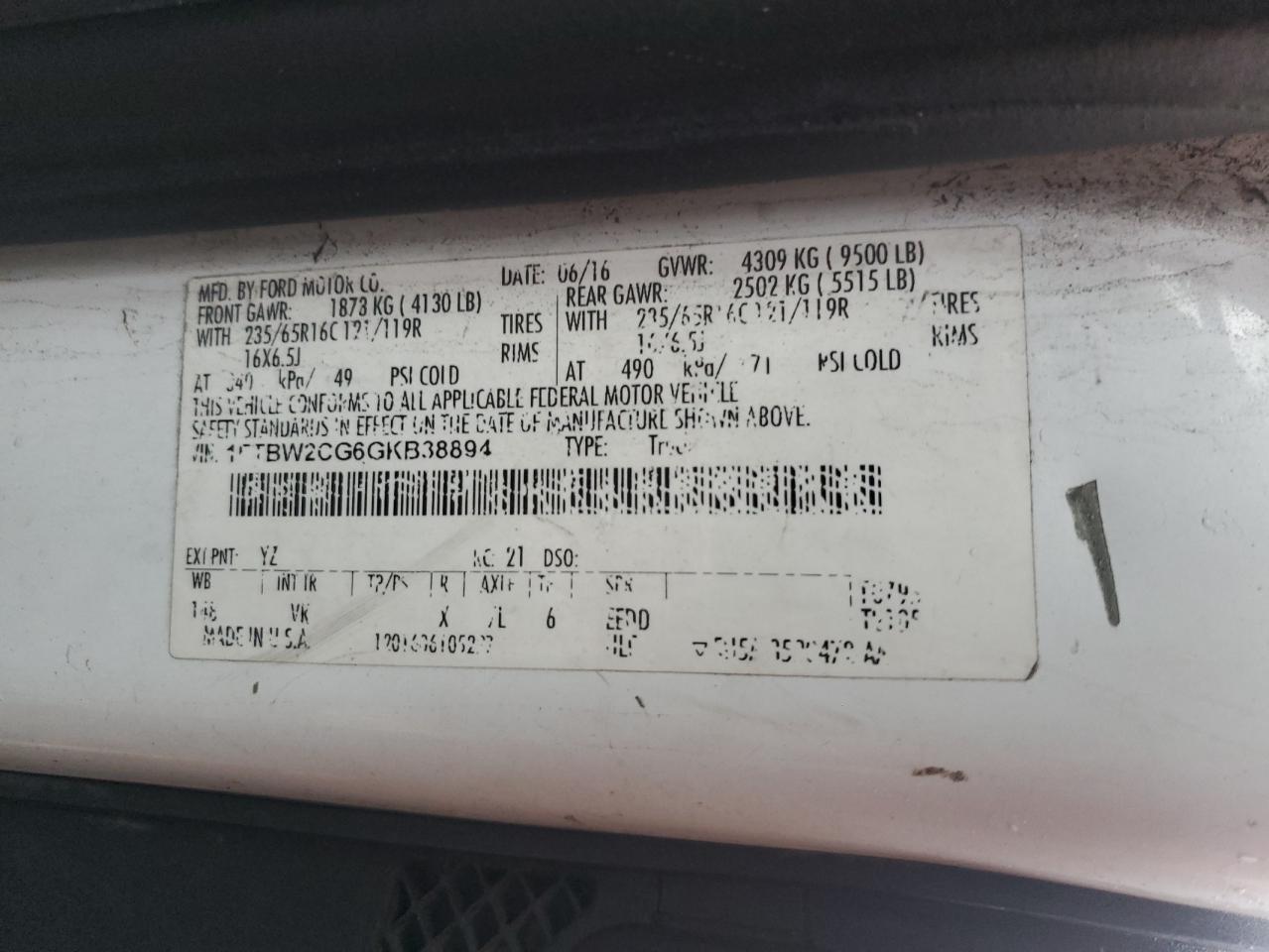 2016 Ford Transit T-350 VIN: 1FTBW2CG6GKB38894 Lot: 80864185