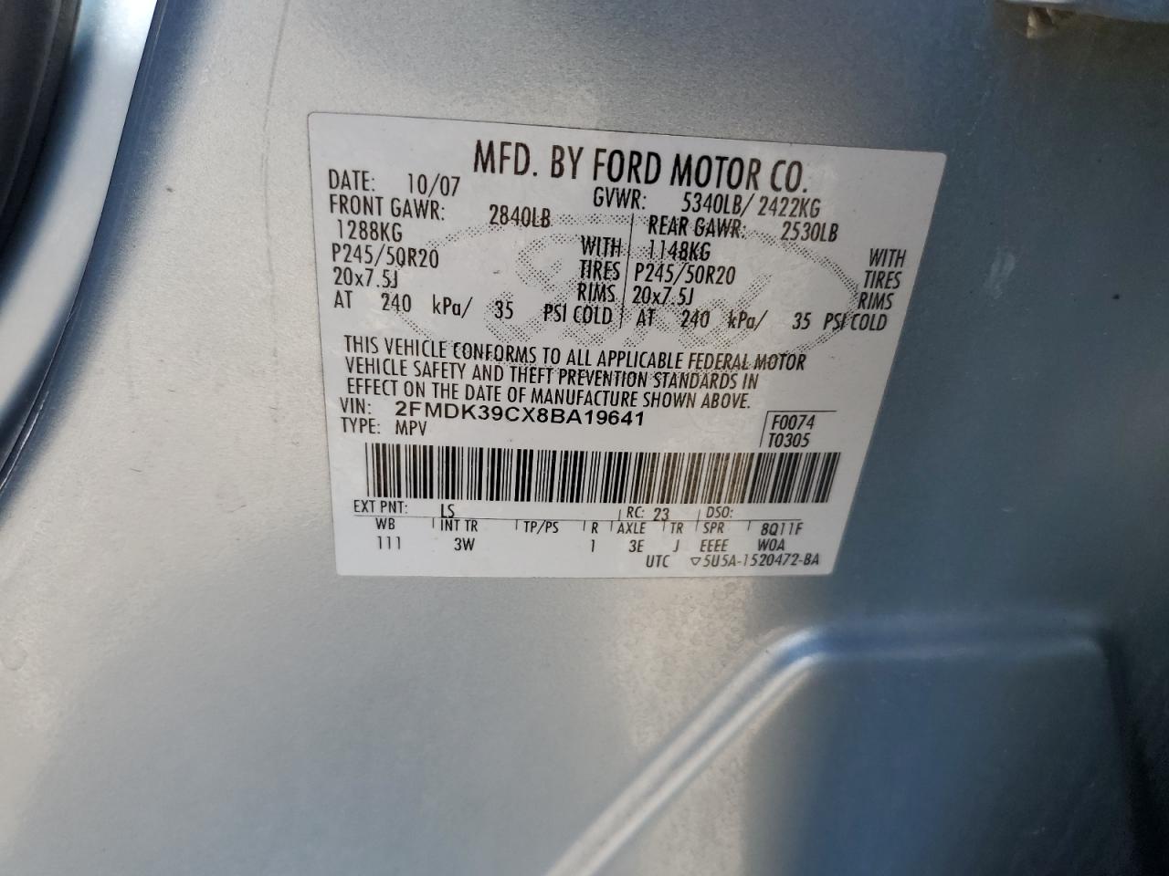 2008 Ford Edge Limited VIN: 2FMDK39CX8BA19641 Lot: 81803485