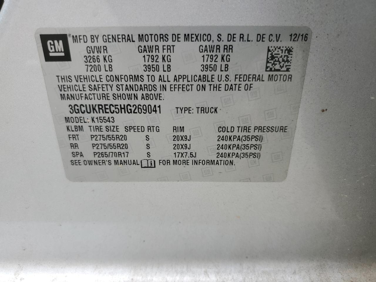 2017 Chevrolet Silverado K1500 Lt VIN: 3GCUKREC5HG269041 Lot: 80692835
