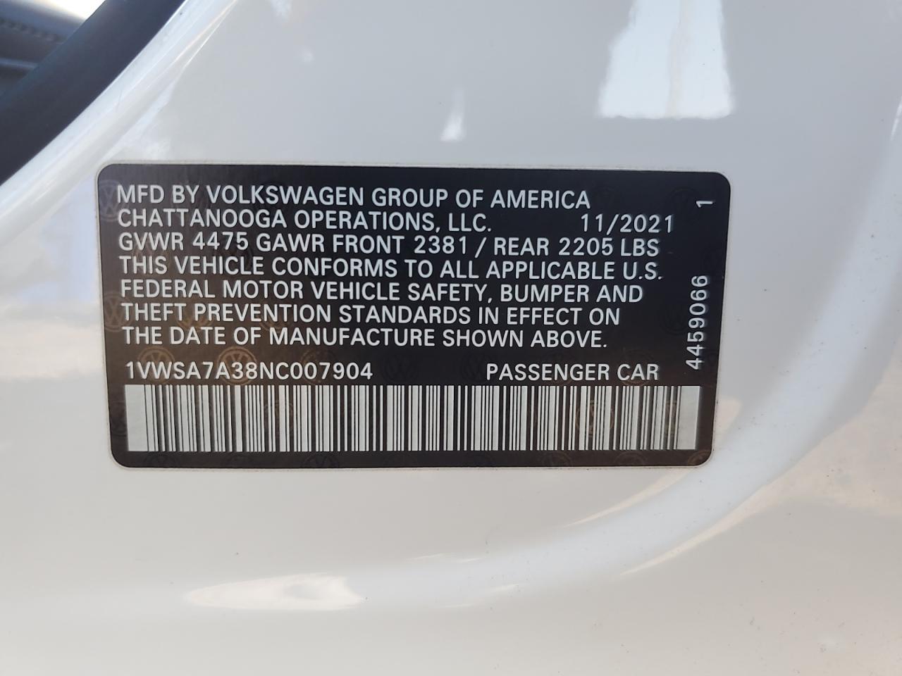 2022 Volkswagen Passat Se VIN: 1VWSA7A38NC007904 Lot: 81553975