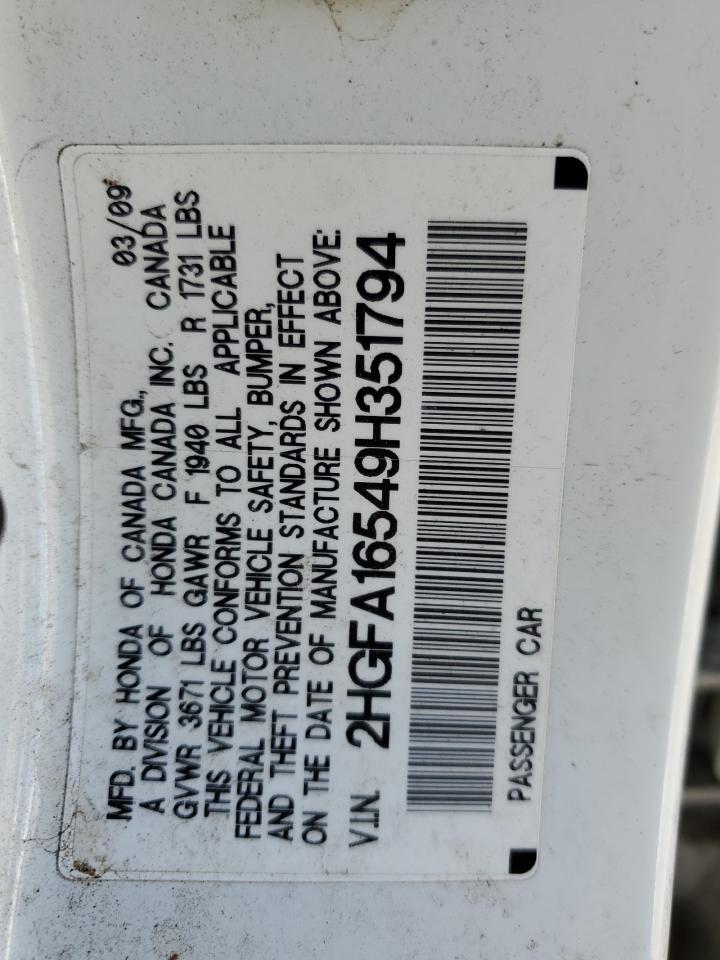 2009 Honda Civic Lx VIN: 2HGFA16549H351794 Lot: 80845395