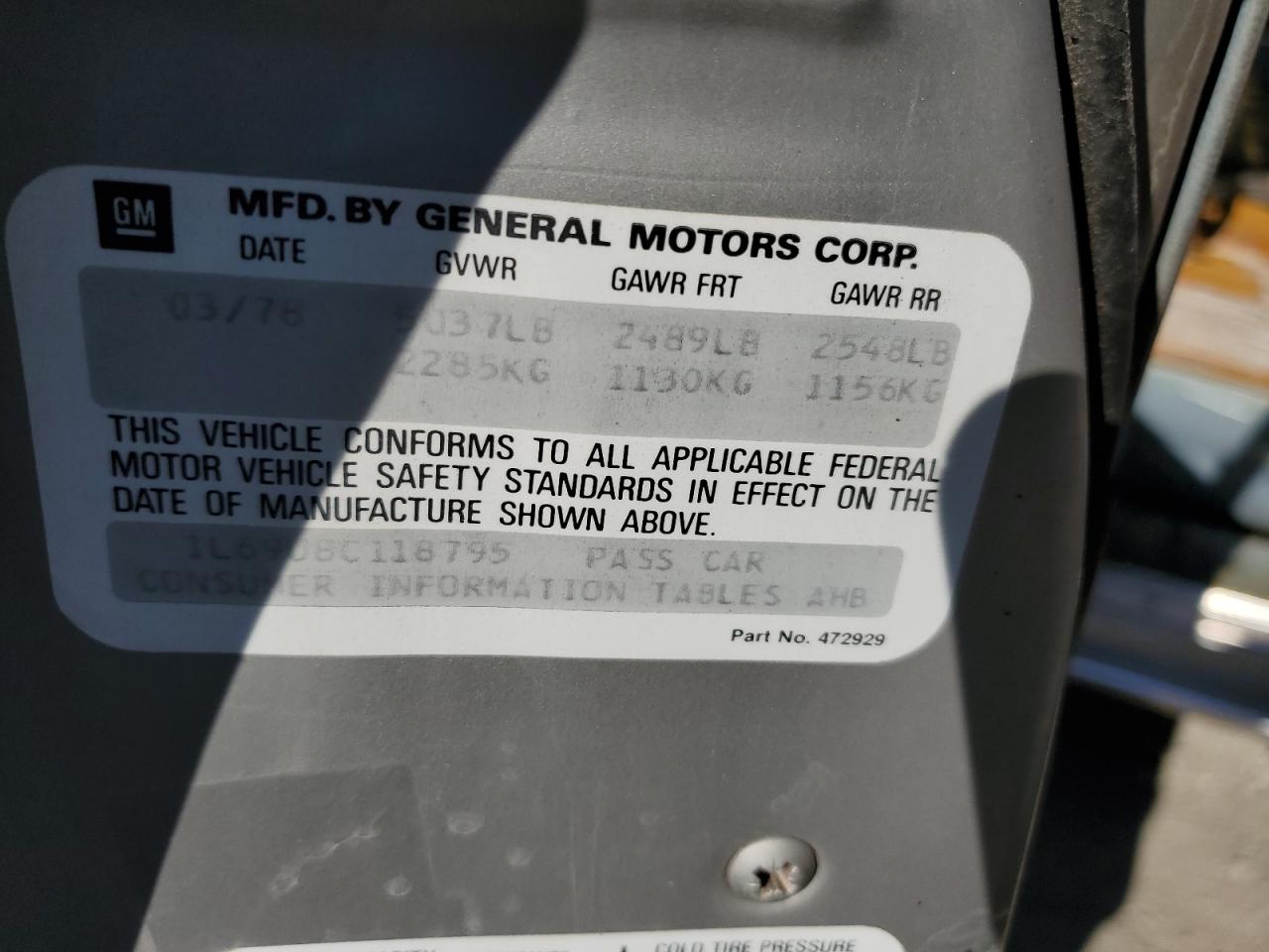 1978 Chevrolet Impala VIN: 1L69U8C118795 Lot: 71737725