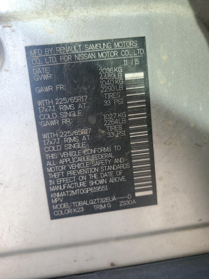 2016 Nissan Rogue S VIN: KNMAT2MT0GP619551 Lot: 71308545