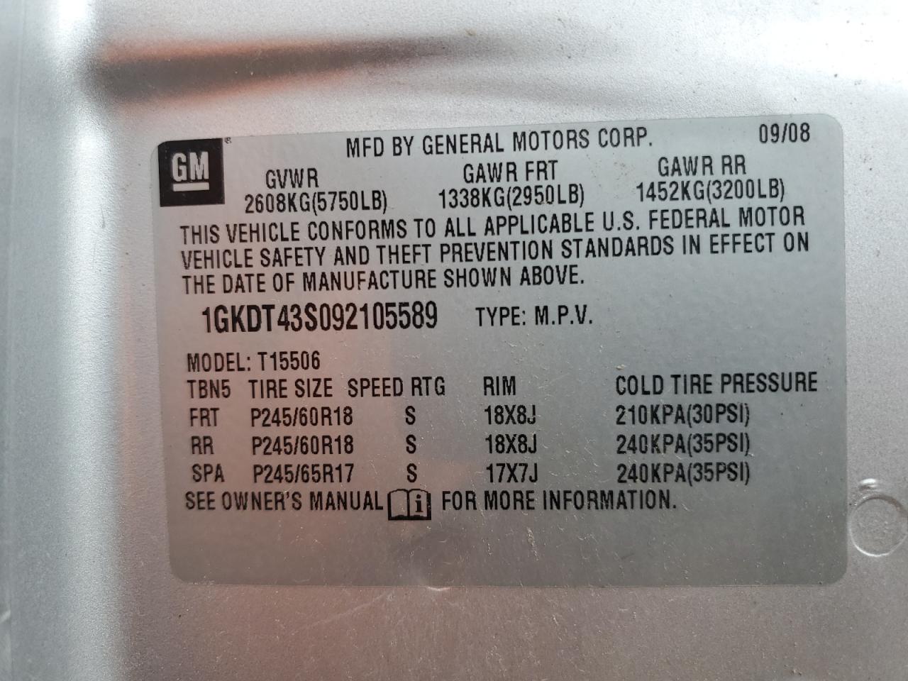 2009 GMC Envoy Slt VIN: 1GKDT43S092105589 Lot: 83941965