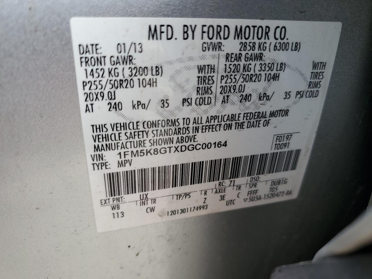 2013 Ford Explorer Sport VIN: 1FM5K8GTXDGC00164 Lot: 81062455