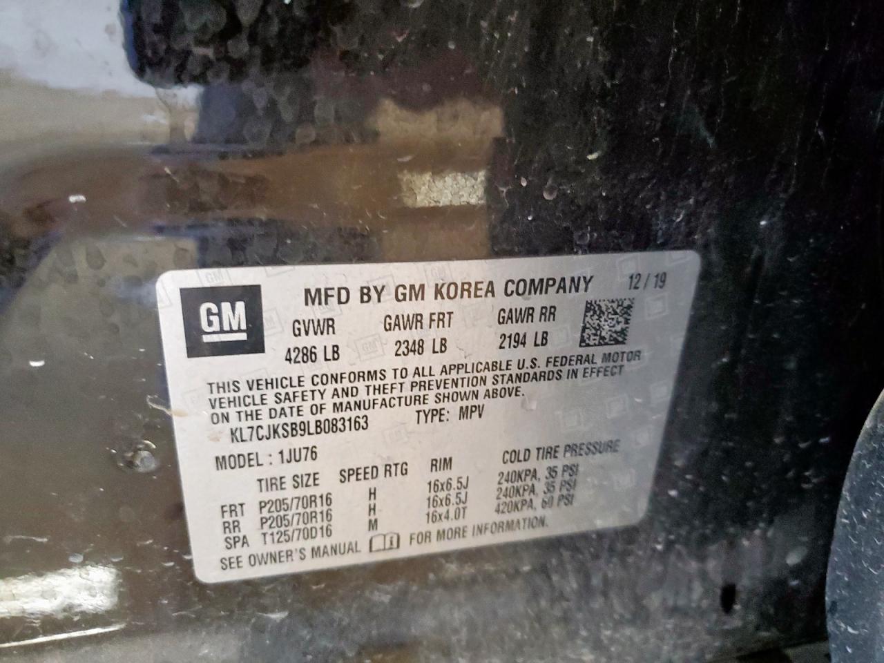 2020 Chevrolet Trax Ls VIN: KL7CJKSB9LB083163 Lot: 80454565