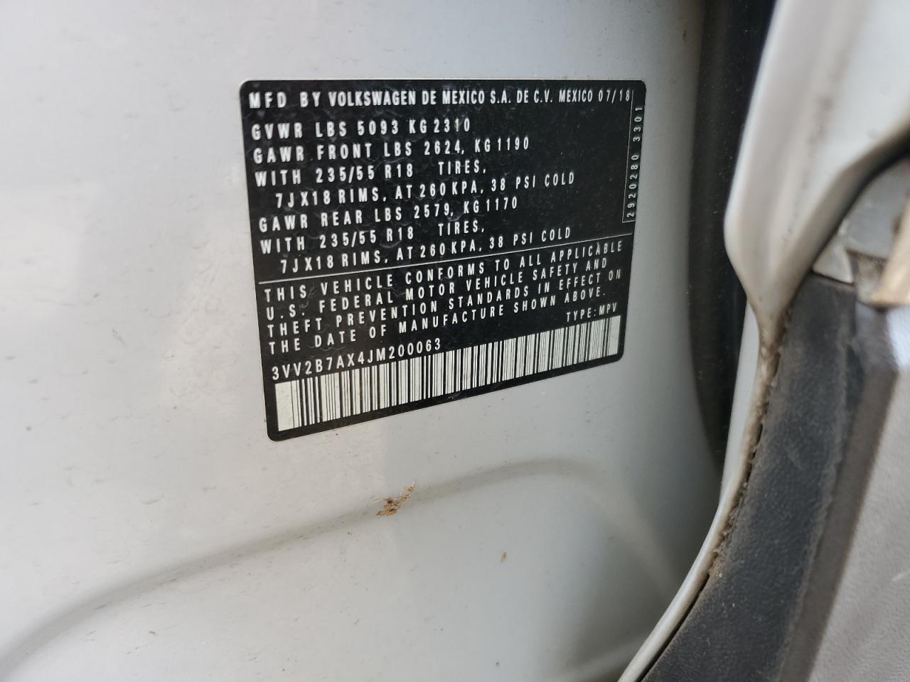 2018 Volkswagen Tiguan Se VIN: 3VV2B7AX4JM200063 Lot: 81806855