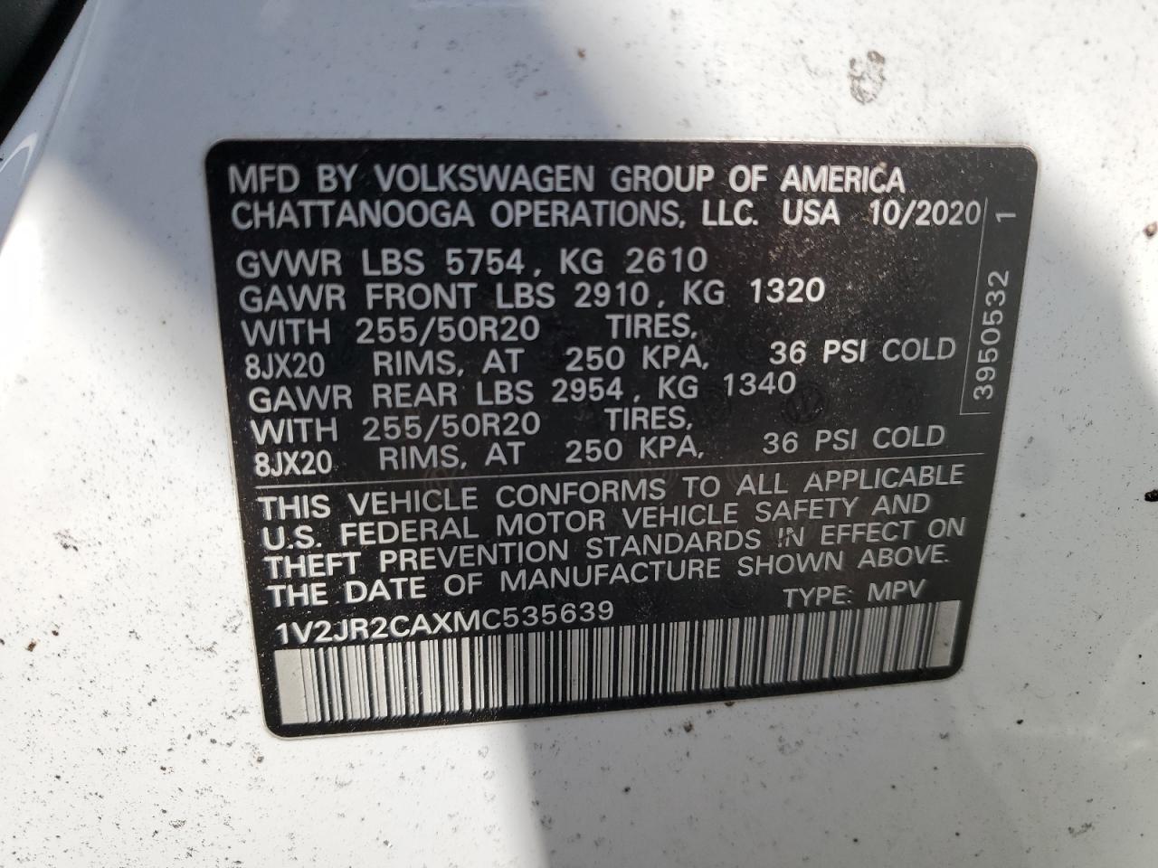 2021 Volkswagen Atlas Se VIN: 1V2JR2CAXMC535639 Lot: 72014795