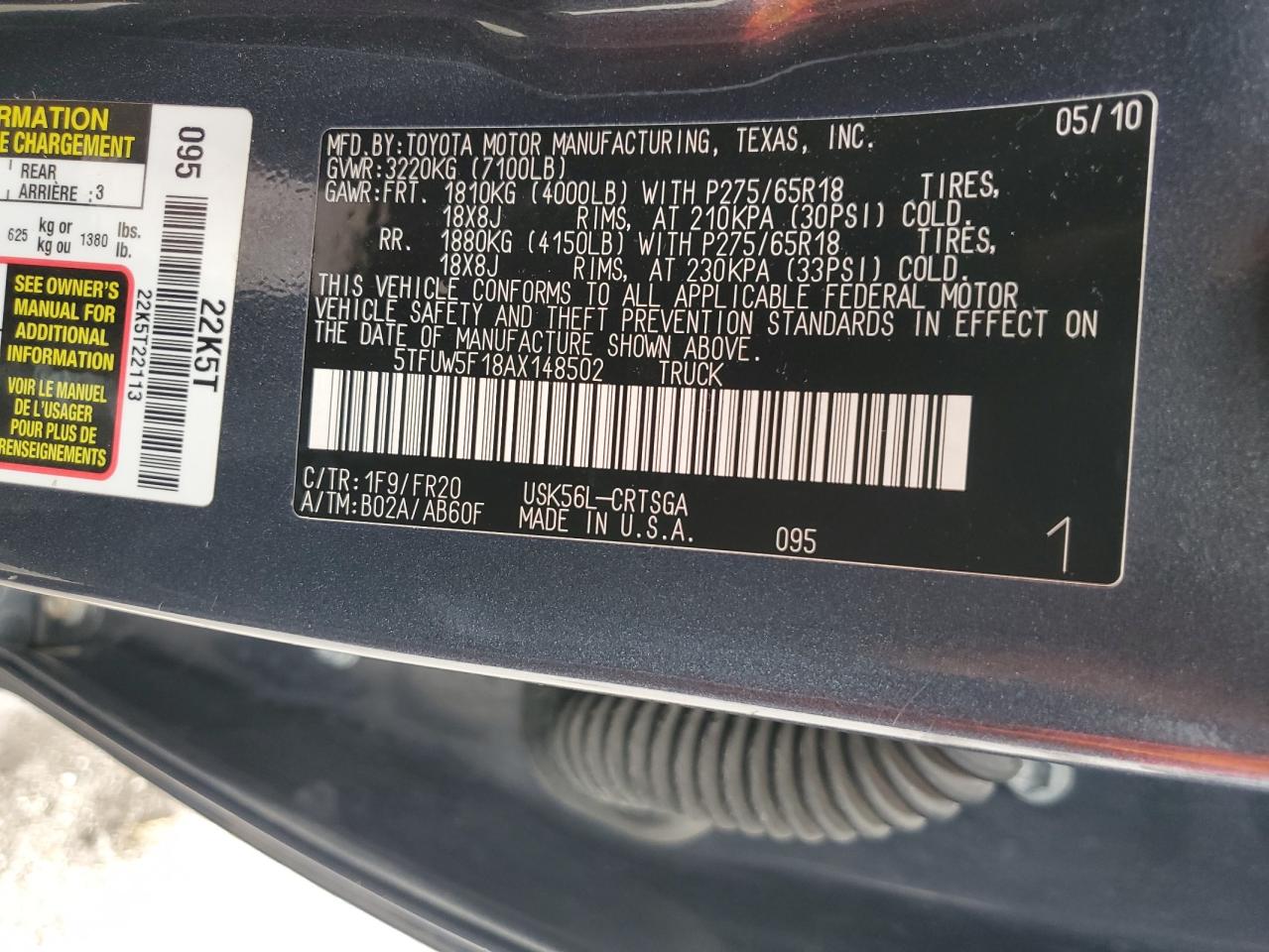 2010 Toyota Tundra Double Cab Sr5 VIN: 5TFUW5F18AX148502 Lot: 82062175
