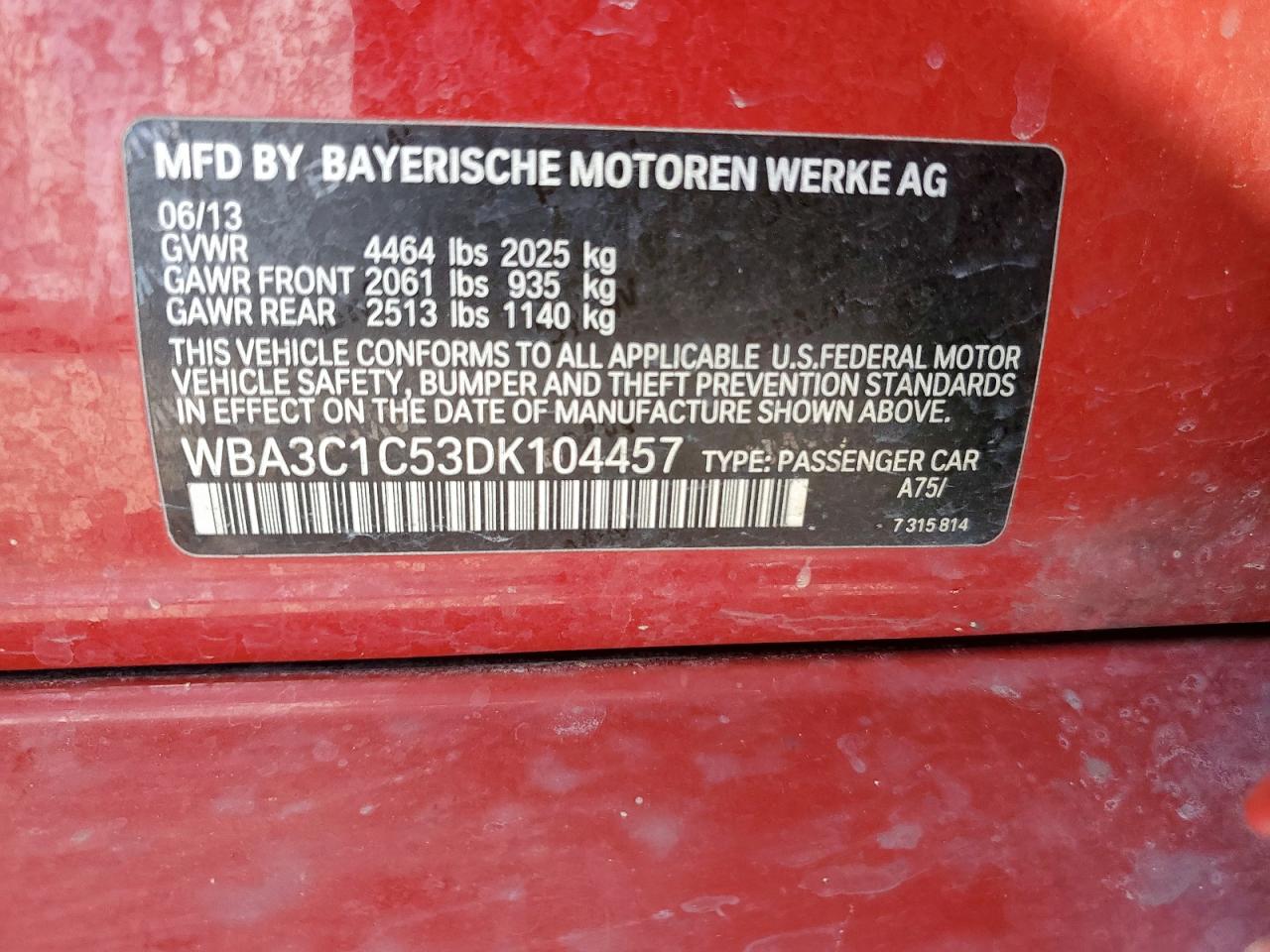 2013 BMW 328 I Sulev VIN: WBA3C1C53DK104457 Lot: 81849665