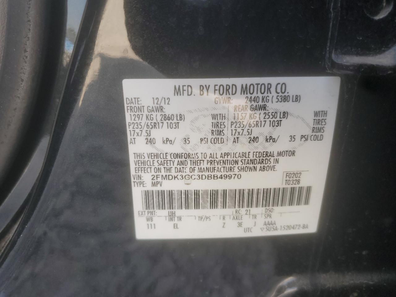 2013 Ford Edge Se VIN: 2FMDK3GC3DBB49970 Lot: 80837435