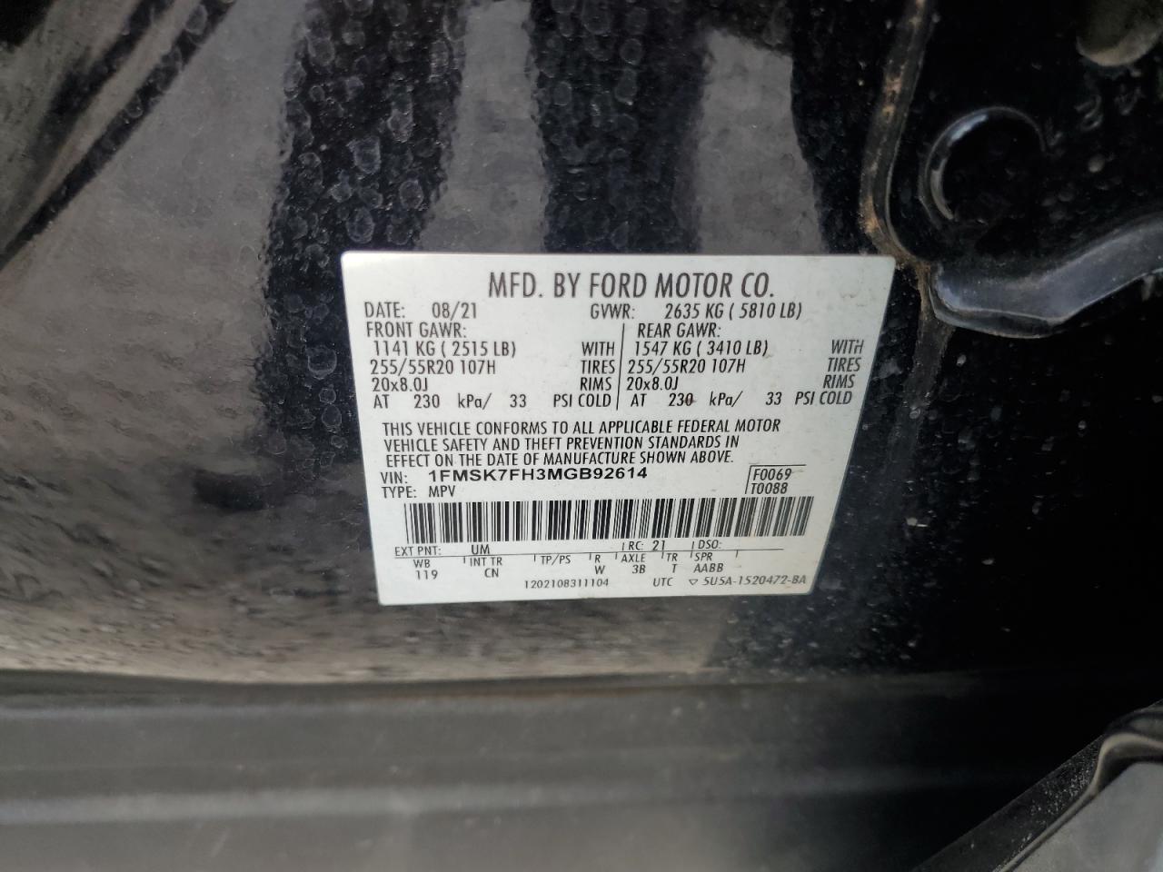 2021 Ford Explorer Limited VIN: 1FMSK7FH3MGB92614 Lot: 81119945